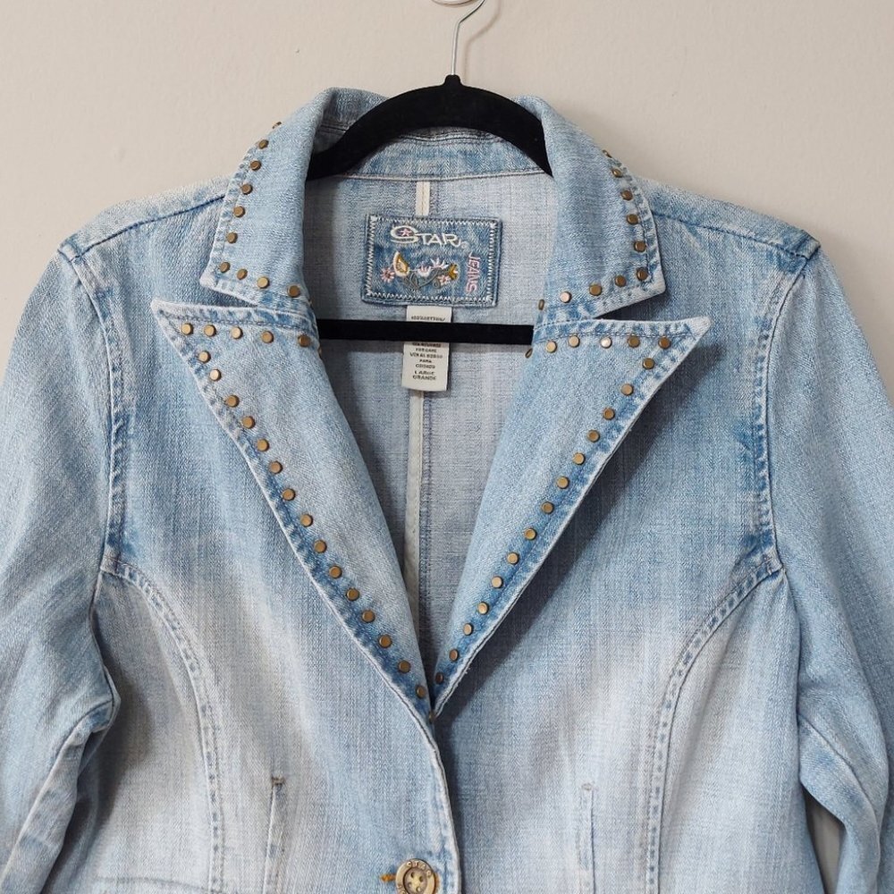 Star Jeans Denim Jacket Size Large Studded Women's Blue Wash Buttons Pockets - Picture 5 of 10
